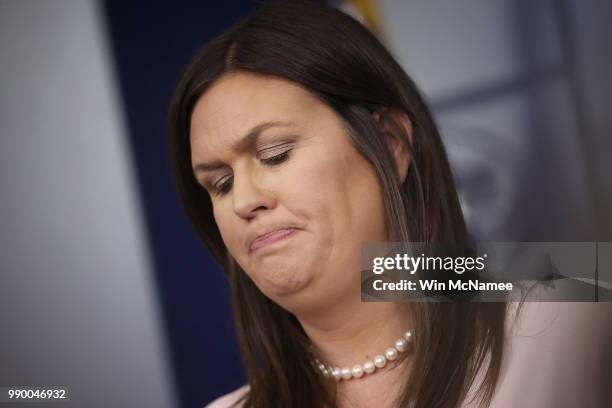 White House press secretary Sarah Huckabee Sanders answers questions during the daily White House briefing July 2, 2018 in Washington, DC. Sanders...