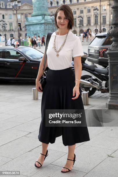 Katie Holmes arrives at a Dior dinner at the Place Vendome on July 2, 2018 in Paris, France.