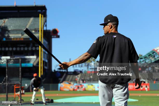 Ian Desmond of the Colorado Rockies looks on during batting practice ahead of a game against the San Francisco Giants at AT&T Park on Tuesday, June...