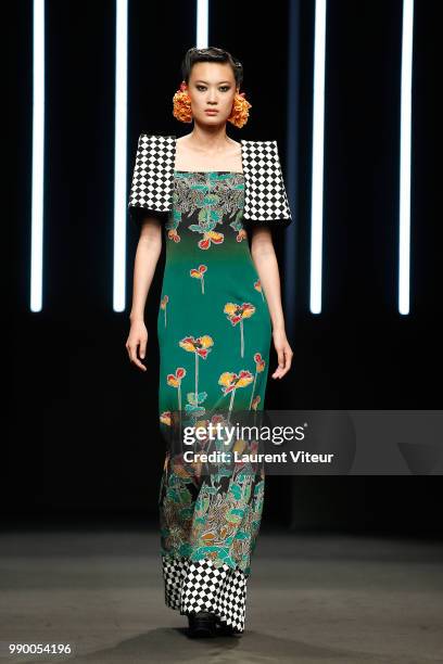Model walks the runway during the Yumi Katsura Haute Couture Fall Winter 2018/2019 show as part of Paris Fashion Week on July 2, 2018 in Paris,...