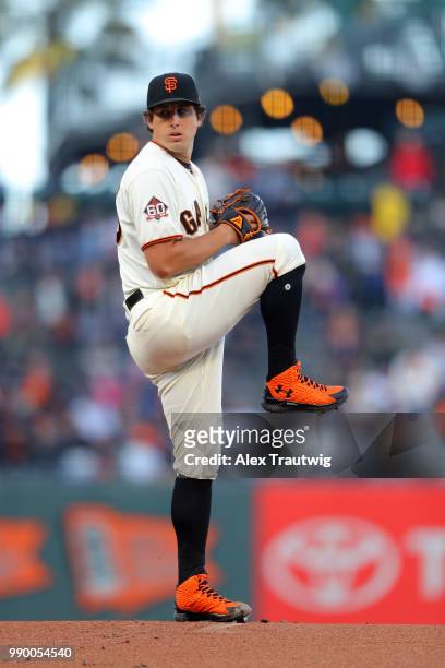 Derek Holland of the San Francisco Giants pitches during a game against the Colorado Rockies at AT&T Park on Tuesday, June 26, 2018 in San Francisco,...