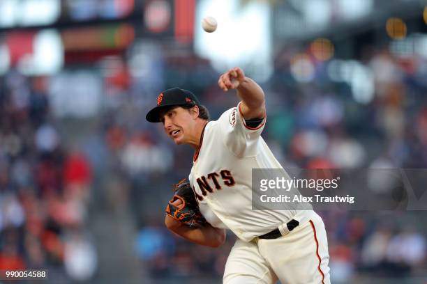 Derek Holland of the San Francisco Giants pitches during a game against the Colorado Rockies at AT&T Park on Tuesday, June 26, 2018 in San Francisco,...