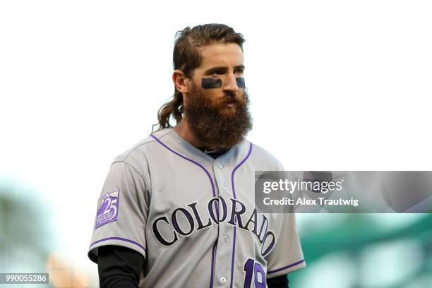 Charlie Blackmon of the Colorado Rockies walks back to the dugout during a game against the San Francisco Giants at AT&T Park on Tuesday, June 26,...