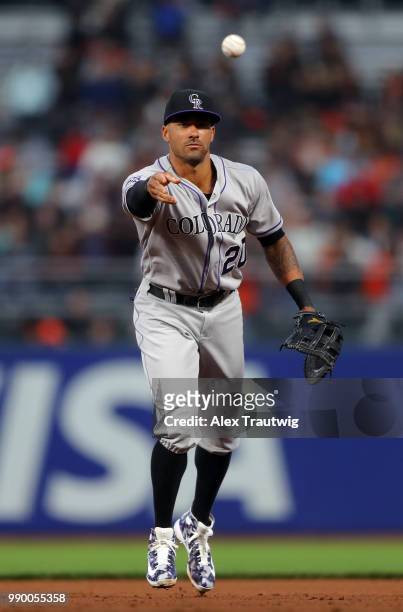 Ian Desmond of the Colorado Rockies flips the ball to first base during a game against the San Francisco Giants at AT&T Park on Tuesday, June 26,...