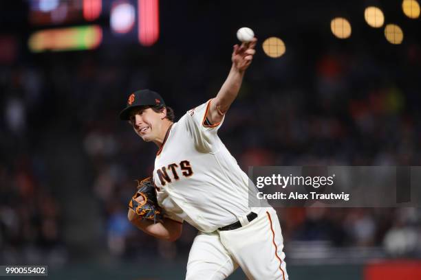 Derek Holland of the San Francisco Giants pitches during a game against the Colorado Rockies at AT&T Park on Tuesday, June 26, 2018 in San Francisco,...