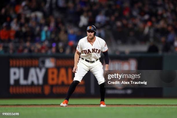 Hunter Pence of the San Francisco Giants takes a lead off second base during a game against the Colorado Rockies at AT&T Park on Tuesday, June 26,...