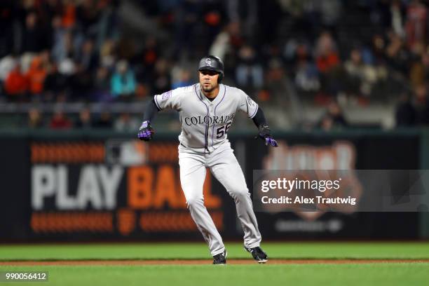 Noel Cuevas of the Colorado Rockies takes a lead off second base during a game against the San Francisco Giants at AT&T Park on Tuesday, June 26,...