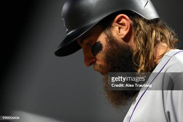 Charlie Blackmon of the Colorado Rockies looks on while waiting to bat during a game against the San Francisco Giants at AT&T Park on Tuesday, June...