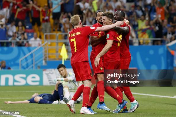 Japan goalkeeper Eiji Kawashima, Kevin De Bruyne of Belgium, Nacer Chadli of Belgium, Thomas Meunier of Belgium, Romelu Lukaku of Belgium during the...