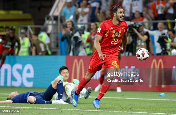 Nacer Chadli of Belgium celebrates his last minute winning goal during the 2018 FIFA World Cup Russia Round of 16 match between Belgium and Japan at...