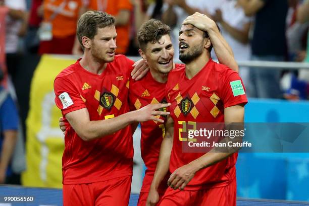 Nacer Chadli of Belgium celebrates his last minute winning goal with Jan Vertonghen, Thomas Meunier during the 2018 FIFA World Cup Russia Round of 16...