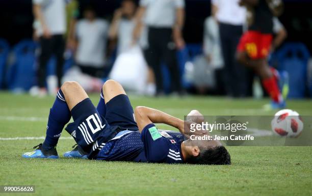 Shinji Kagawa of Japan is dejected following the 2018 FIFA World Cup Russia Round of 16 match between Belgium and Japan at Rostov Arena on July 2,...