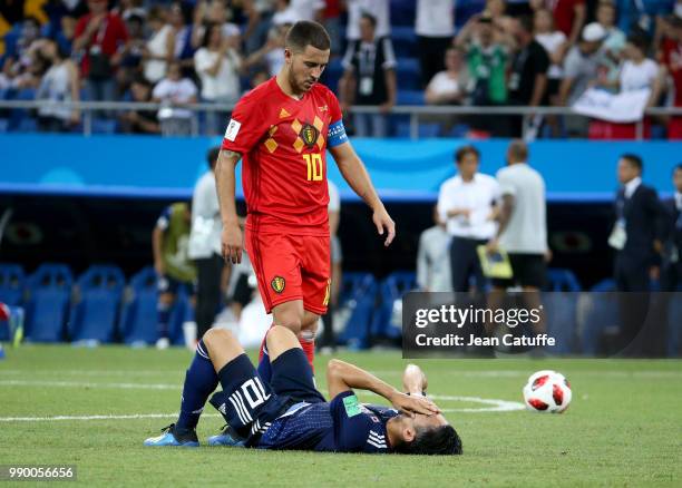 Eden Hazard of Belgium greets Shinji Kagawa of Japan following the 2018 FIFA World Cup Russia Round of 16 match between Belgium and Japan at Rostov...