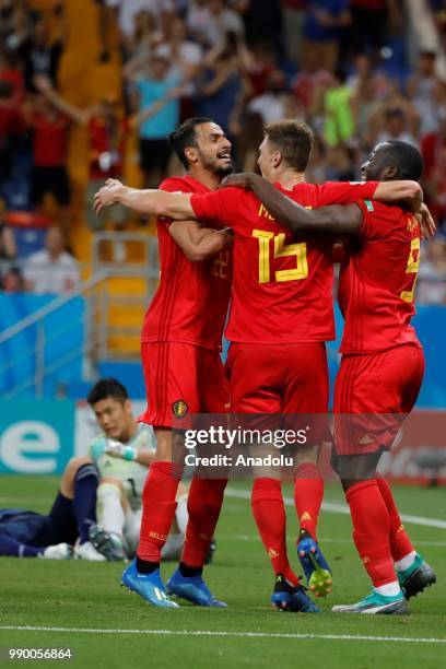 Players of Belgium celebrate after scoring a goal during the 2018 FIFA World Cup Russia Round of 16 match between Belgium and Japan at the Rostov...