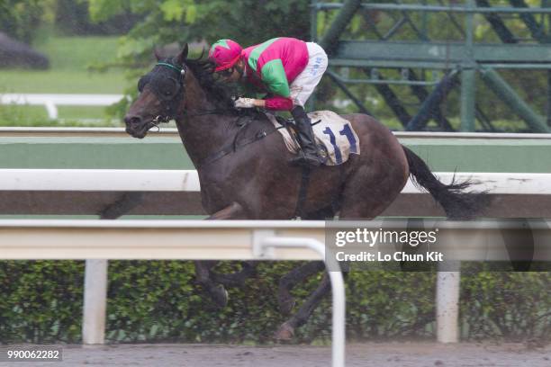 Jockey Joao Moreira riding Elusive State wins Race 5 Continuous Development 1650m Handicap at Sha Tin racecourse on July 1 , 2018 in Hong Kong.