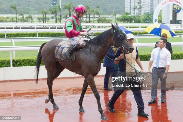 Jockey Joao Moreira riding Elusive State wins Race 5 Continuous Development 1650m Handicap at Sha Tin racecourse on July 1 , 2018 in Hong Kong.