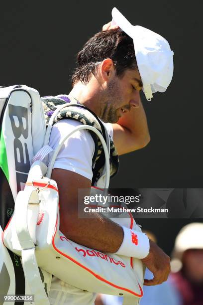 Jordan Thompson of Australia reacts after losing his Men's Singles first round match against Sam Querrey of the United States on day one of the...