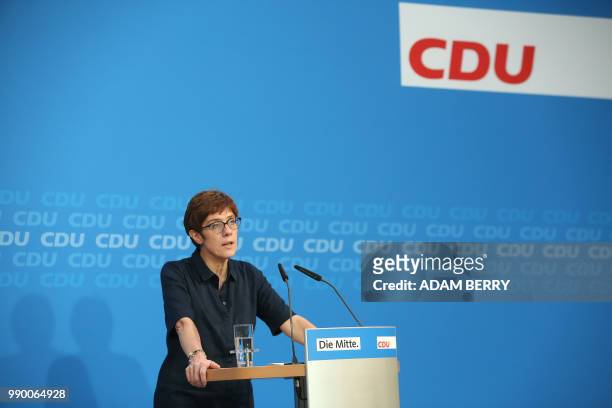 Annegret Kramp-Karrenbauer, General Secretary of Germany's CDU gives a statement to the press at the German Christian Democrats headquarters in...