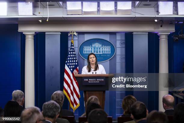 Sarah Huckabee Sanders, White House press secretary, speaks during a White House press briefing in Washington, D.C., U.S., on Monday, July 2, 2018....