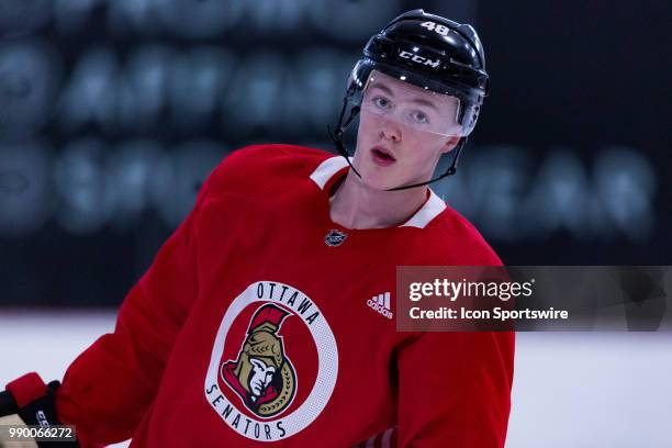 Ottawa Senators Prospect Defenseman Jacob Bernard-Docker skates during the Ottawa Senators Development Camp on July 2 at Bell Sensplex in Kanata, ON,...