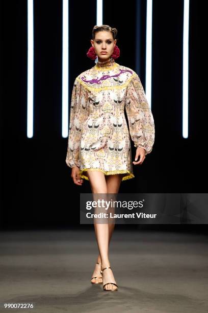 Model walks the runway during the Yumi Katsura Haute Couture Fall Winter 2018/2019 show as part of Paris Fashion Week on July 2, 2018 in Paris,...