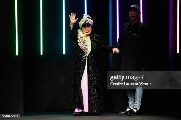 Designer Yumi Katsura walks the runway during the Yumi Katsura Haute Couture Fall Winter 2018/2019 show as part of Paris Fashion Week on July 2, 2018...