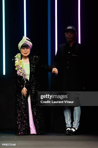 Designer Yumi Katsura walks the runway during the Yumi Katsura Haute Couture Fall Winter 2018/2019 show as part of Paris Fashion Week on July 2, 2018...