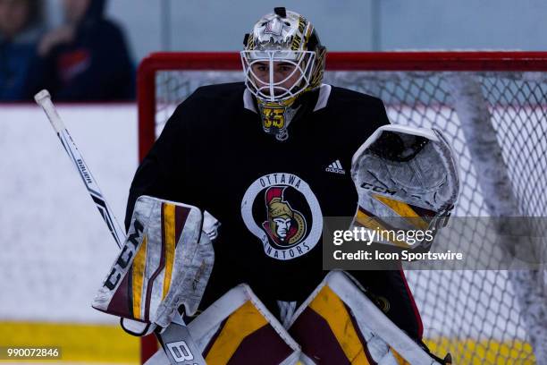 Ottawa Senators Prospect Goalie Joel Daccord prepares to make a save during the Ottawa Senators Development Camp on July 2 at Bell Sensplex in...