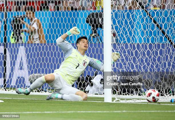 Goalkeeper of Japan Eiji Kawashima the first goal of Belgium by Jan Vertonghen during the 2018 FIFA World Cup Russia Round of 16 match between...