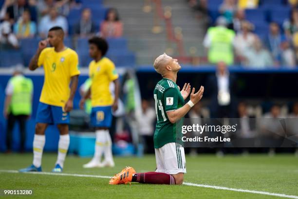 Javier Hernandez of Mexico prays prior to the 2018 FIFA World Cup Russia Round of 16 match between Brazil and Mexico at Samara Arena on July 2, 2018...