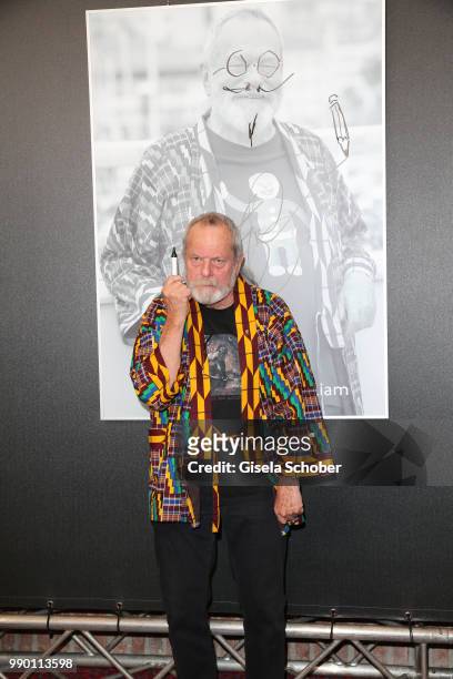 Terry Gilliam signs his photo at CineMerit Award Gala during the Munich Film Festival 2018 at Gasteig on July 2, 2018 in Munich, Germany.