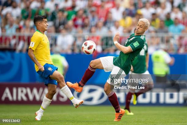 Javier Hernandez of Mexico in action during the 2018 FIFA World Cup Russia Round of 16 match between Brazil and Mexico at Samara Arena on July 2,...