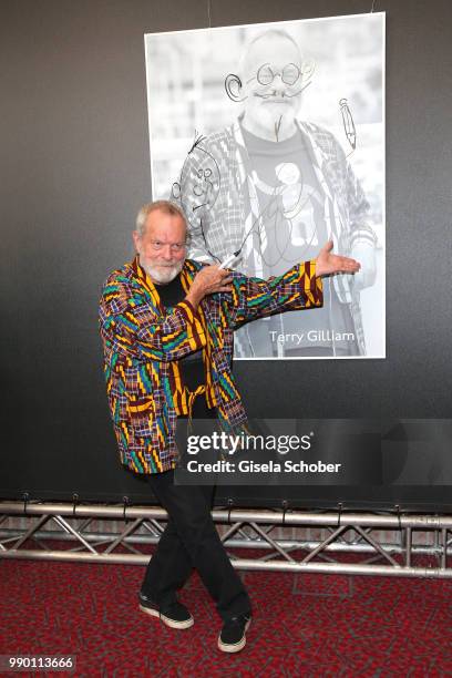 Terry Gilliam signs his photo at CineMerit Award Gala during the Munich Film Festival 2018 at Gasteig on July 2, 2018 in Munich, Germany.