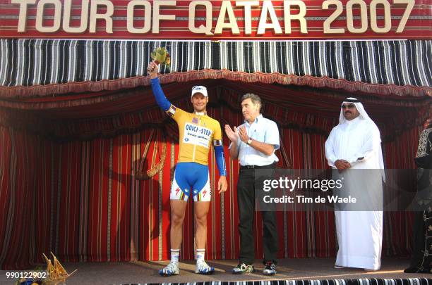 Tour Of Qatar, Stage 2Podium, Boonen Tom Yellow Jersey, Merckx Eddy Celebration Joie Vreugde, Sheikh Khalid Bin Ali Al Thani President Qatar Cycling...