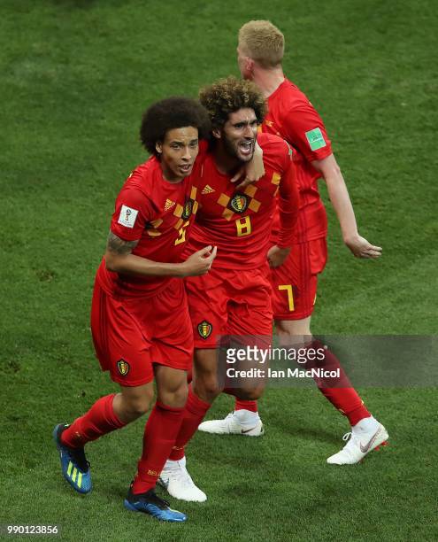 Marouane Fellaini of Belgium celebrates after he scores his team's second goal during the 2018 FIFA World Cup Russia Round of 16 match between...