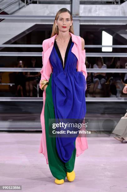 Model walks the runway during the Maison Rabih Kayrouz Haute Couture Fall Winter 2018/2019 show as part of Paris Fashion Week on July 2, 2018 in...