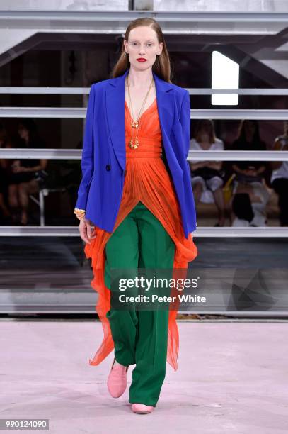 Model walks the runway during the Maison Rabih Kayrouz Haute Couture Fall Winter 2018/2019 show as part of Paris Fashion Week on July 2, 2018 in...