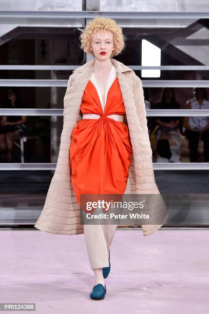 Model walks the runway during the Maison Rabih Kayrouz Haute Couture Fall Winter 2018/2019 show as part of Paris Fashion Week on July 2, 2018 in...