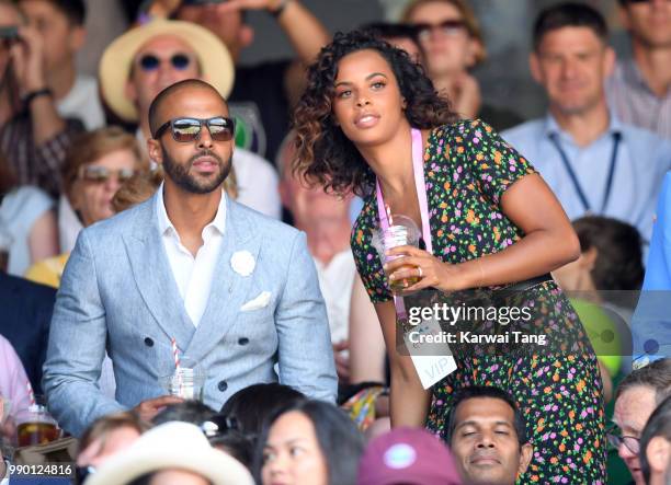 Marvin Humes and Rochelle Humes attend day one of the Wimbledon Tennis Championships at the All England Lawn Tennis and Croquet Club on July 2, 2018...