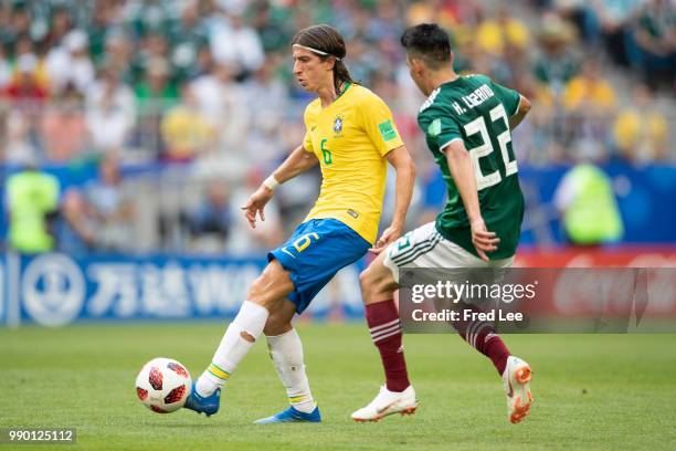 Filipe Luis of Brazil in action during the 2018 FIFA World Cup Russia Round of 16 match between Brazil and Mexico at Samara Arena on July 2, 2018 in...