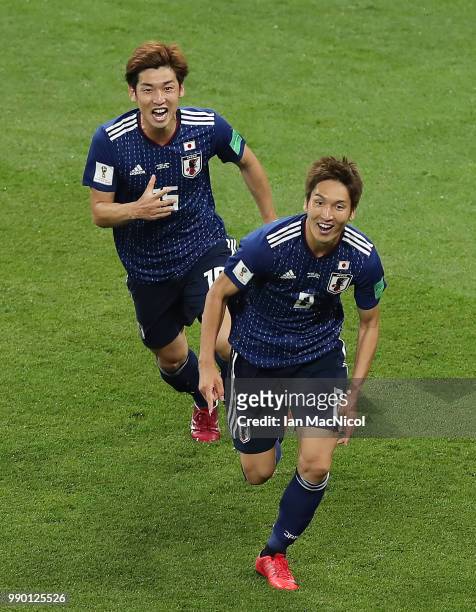 Genki Haraguchi of Japan celebrates scoring his team's opening goal during the 2018 FIFA World Cup Russia Round of 16 match between Belgium and Japan...