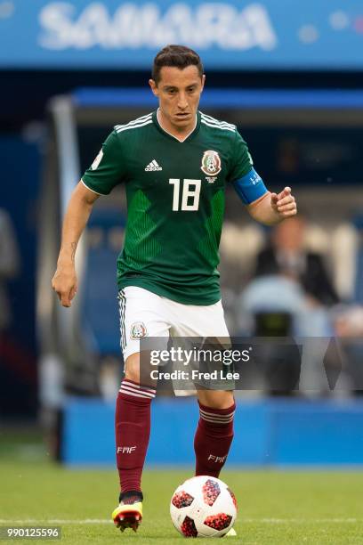 Andres Guardado of Mexico in action during the 2018 FIFA World Cup Russia Round of 16 match between Brazil and Mexico at Samara Arena on July 2, 2018...