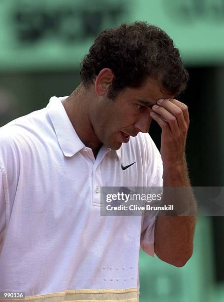 Dejected Pete Sampras of the USA after losing his second round match against Galo Blanco of Spain during the French Open Tennis at Roland Garros,...