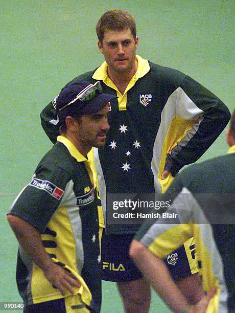 Justin Langer and Simon Katich of Australia look on, during indoor training at Trent Bridge, Nottingham, England. DIGITAL IMAGE Mandatory Credit:...