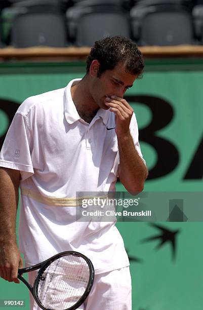 Dejected Pete Sampras of the USA after losing his second round match against Galo Blanco of Spain during the French Open Tennis at Roland Garros,...