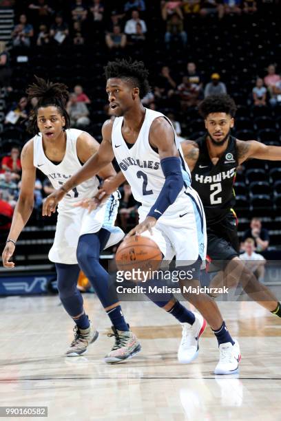 Kobi Simmons of the Memphis Grizzlies handles the ball during the game against the Atlanta Hawks during the 2018 Utah Summer League on July 2, 2018...