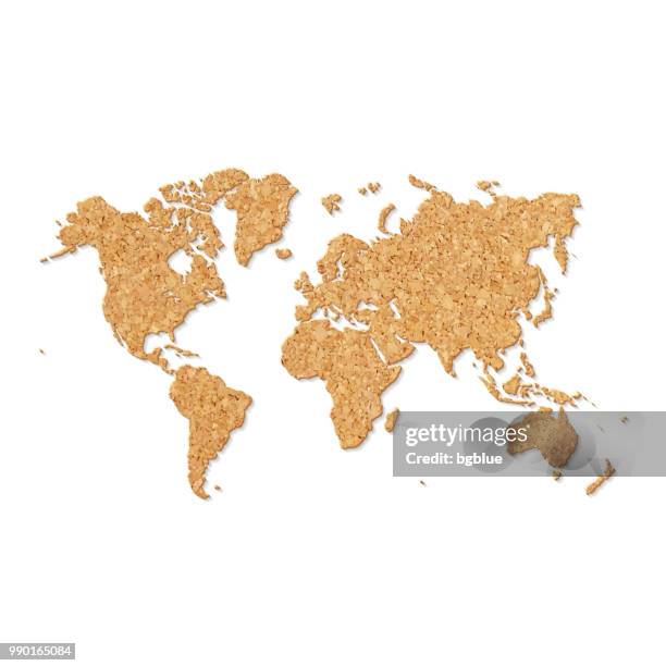 world map in cork board texture on white background - world map flat stock illustrations