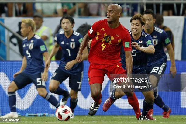 Yuto Nagatomo of Japan, Gaku Shibasaki of Japan, Vincent Kompany of Belgium, Yuya Osako of Japan, Maya Yoshida of Japan during the 2018 FIFA World...