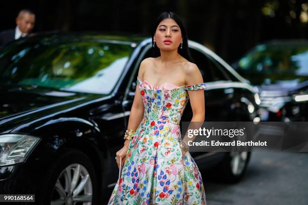 Sirivannavari Nariratana, Princess of Thailand, wears a flower print multicolor dress, outside Giambattista Valli, during Paris Fashion Week Haute...