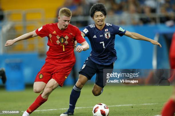 Kevin De Bruyne of Belgium, Gaku Shibasaki of Japan during the 2018 FIFA World Cup Russia round of 16 match between Belgium and Japan at the Rostov...